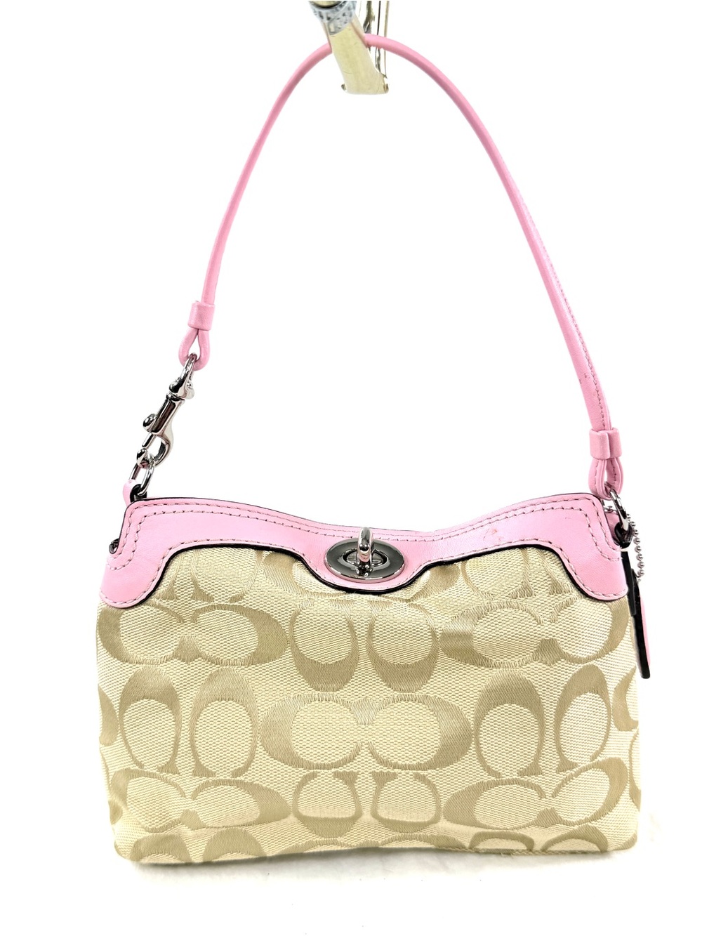 Coach Khaki Signature Jacquard Wristlet Mini Bag Pink Leather Trim Turn Lock